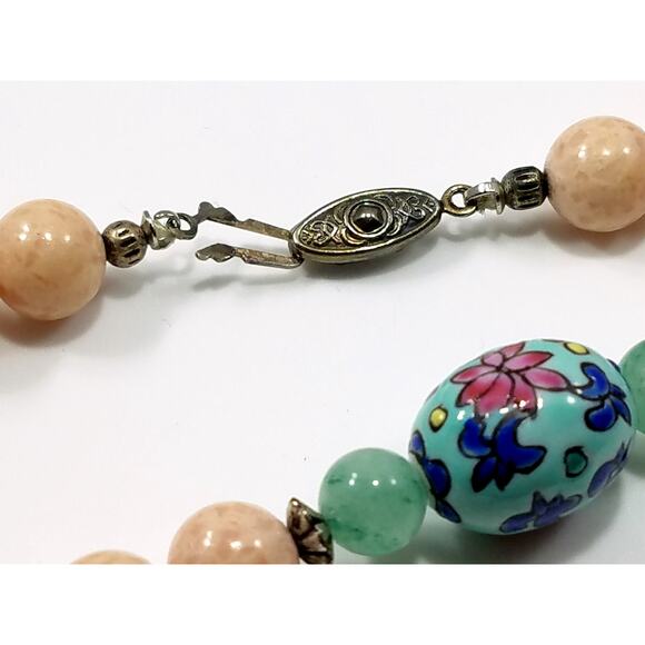 Vtg Chinese Pink Green Peking Glass Bead Necklace Painted Porcelain Silver Plate - Picture 6 of 10